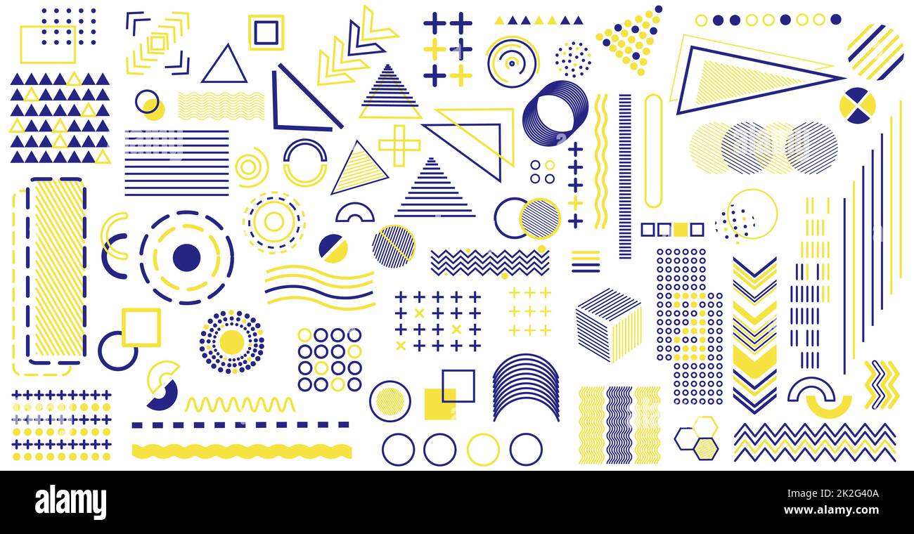 Großer Satz verschiedener abstrakter gelb-blauer Elemente auf weißem Hintergrund - Vektor Stockfoto