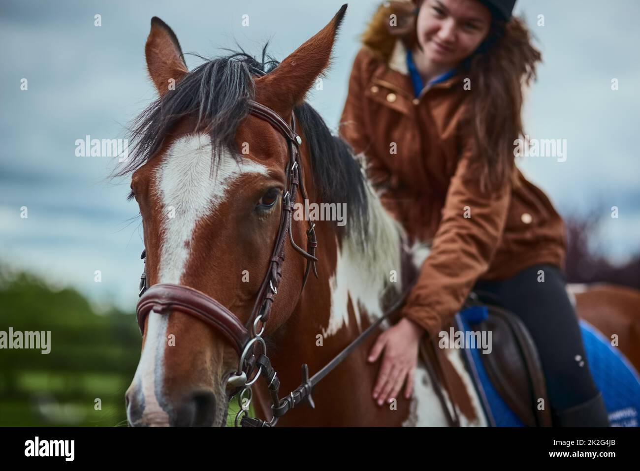 Vertrauen ist alles. Aufnahme eines Teenagers, das auf einem Bauernhof auf ihrem Pony reitet. Stockfoto