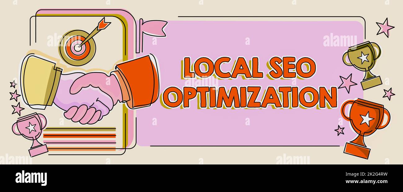 Konzeptioneller Titel Lokale Seo-Optimierung. Internetkonzept Erhöhen Sie die Sichtbarkeit der Suche auf Rang in der Top-Liste Stockfoto