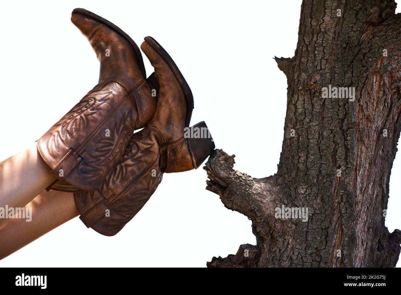 Lässiger Cowboy. Ein kurzer Schuss einer Person, die Cowboystiefel trägt und ihre Füße an einen Baum lehnt. Stockfoto