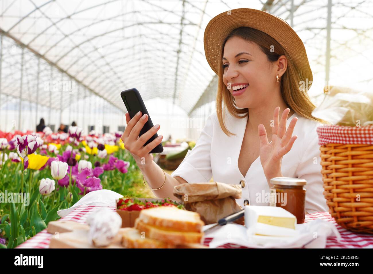 Influencer berichtet über ihre Erfahrungen in der mobilen App. Junge Frau, die mit ihrem Freund per Smartphone ein Video anruft, während sie am Wochenende im Frühling Picknick macht. Stockfoto