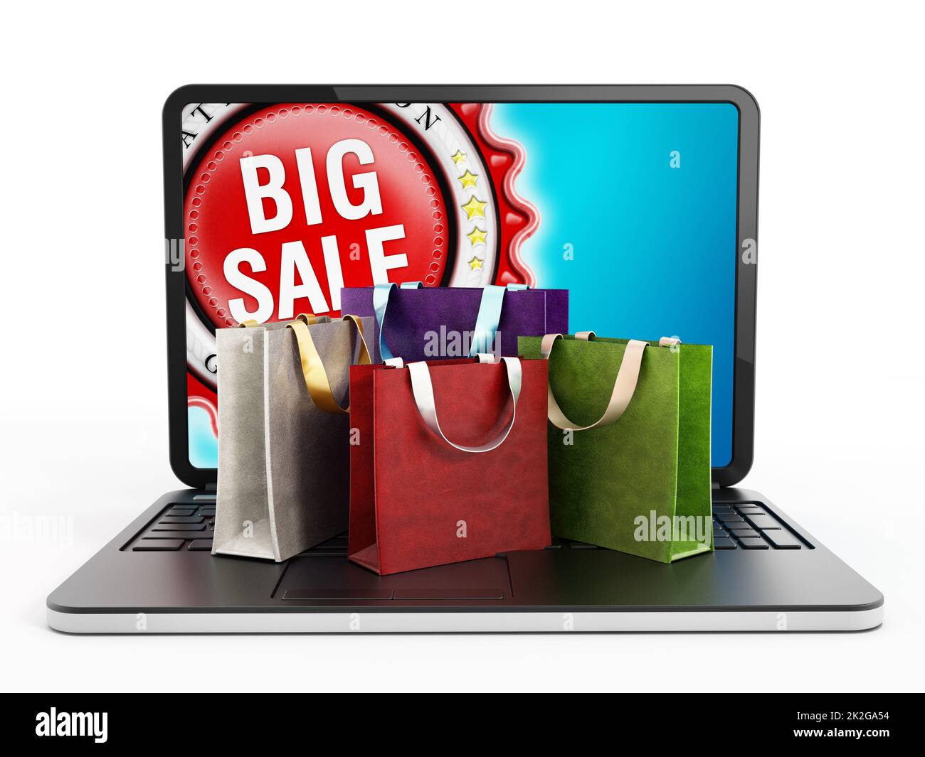 Einkaufstaschen auf Laptop-Computer-Tastatur Stockfoto