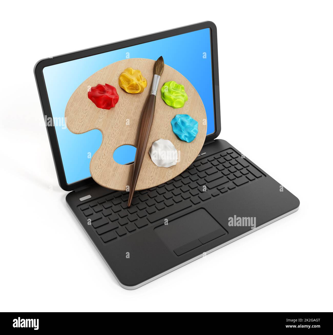 Palette, Farben und Pinsel auf einem Laptop Stockfoto