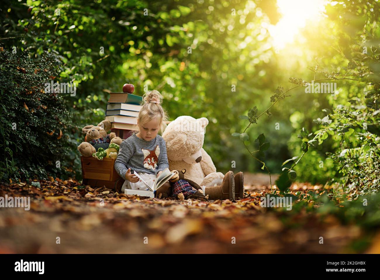 Fördern Sie ihre Neugier. Aufnahme eines kleinen Mädchens, das draußen im Wald vor ihren Spielsachen liest. Stockfoto