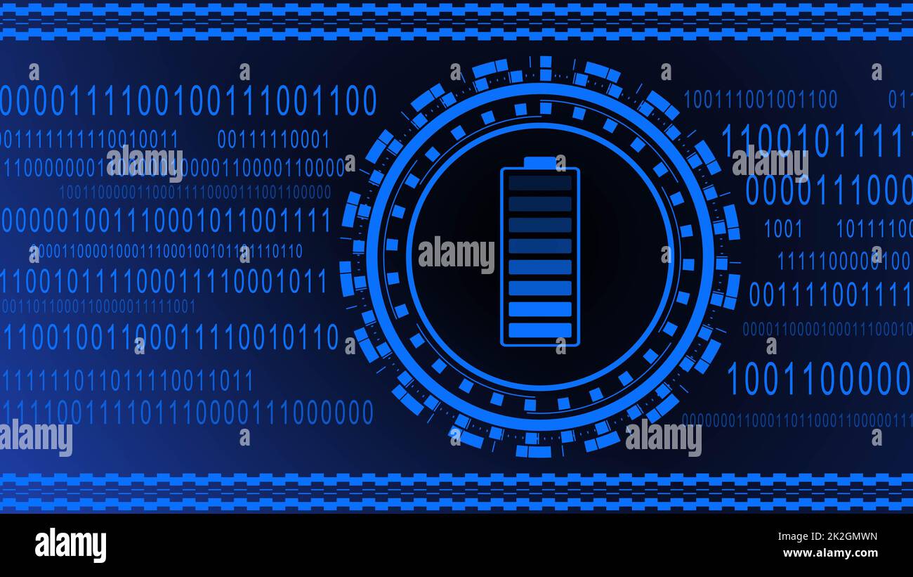 Konzept der elektrischen Energie- und Stromversorgungsquelle – Akkumulatorbatterie im Ladezustand auf binärem Code-Hintergrund in blauer Ausführung Stockfoto