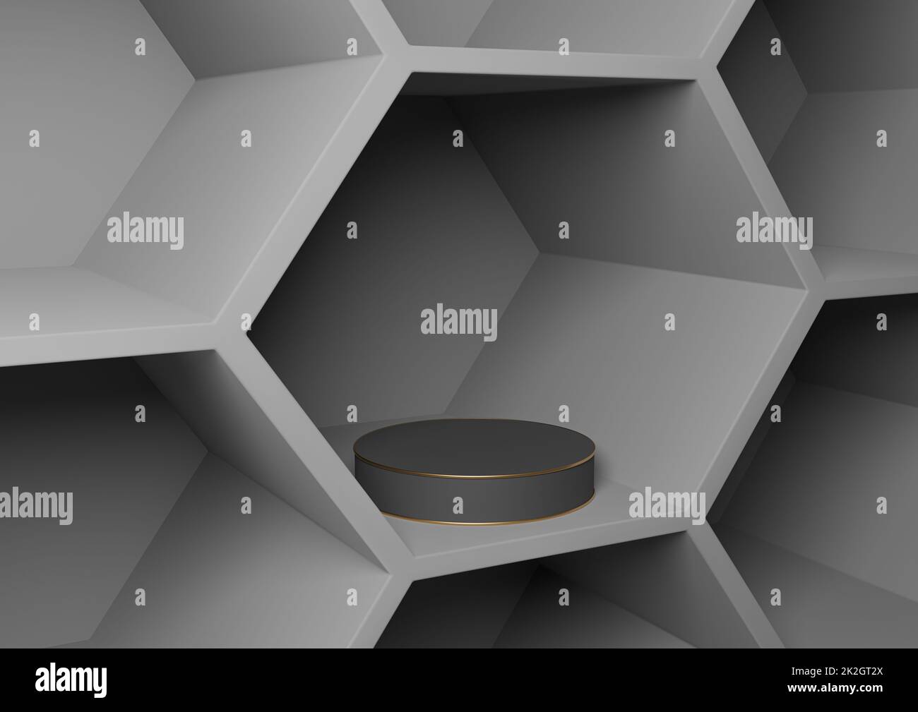 Dark Graphite Grey, Black and White 3D-Rendering-Produkt zeigt Wabenmuster abstrakter Hintergrund für Produktfotografie Natur, geometrisch, einfaches Vorlagenzylinder Plattformpodium oder Ständer Stockfoto
