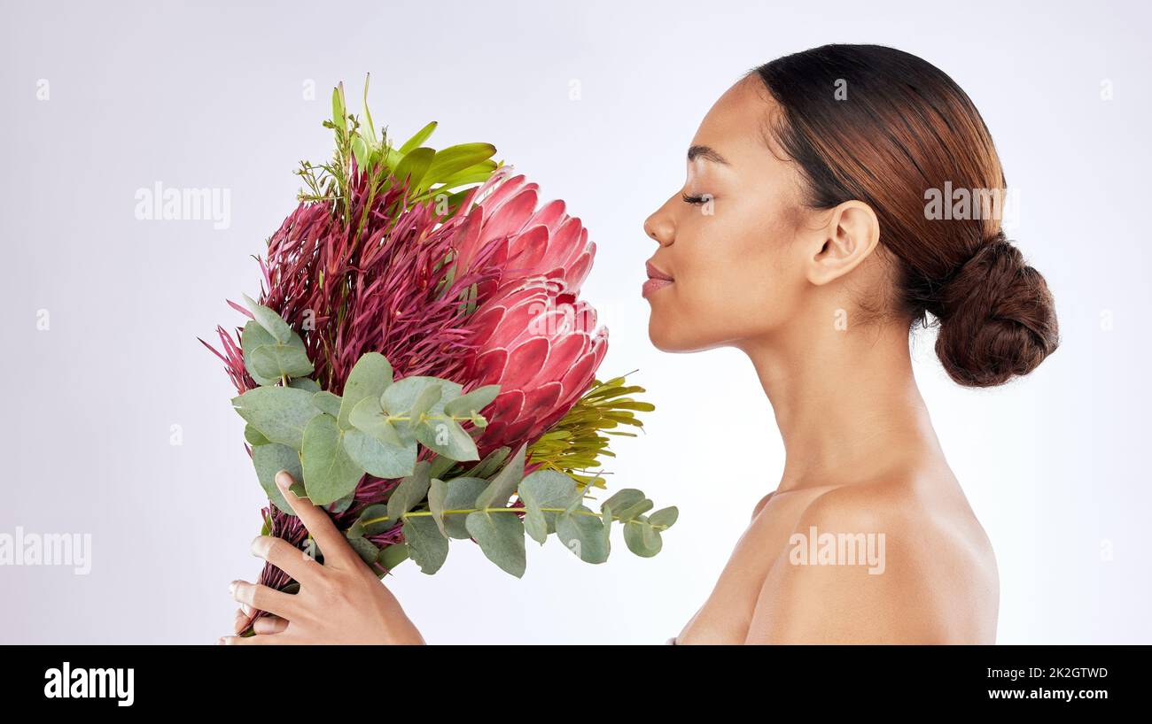 Halten Sie an und riechen Sie die Blumen. Aufnahme einer jungen Frau, die vor einem Studiohintergrund einen Blumenstrauß riecht. Stockfoto