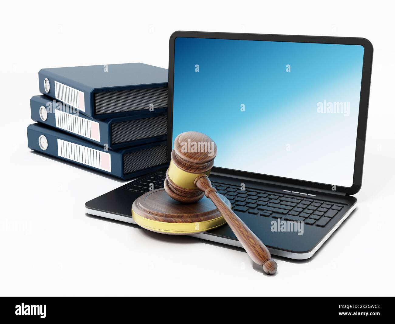 Laptop-Computer, Hammer und Ordner Stockfoto