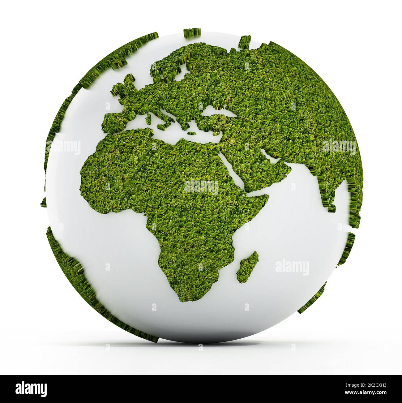 Weißer Globus mit Kontinenten bedeckt mit Gras Stockfoto