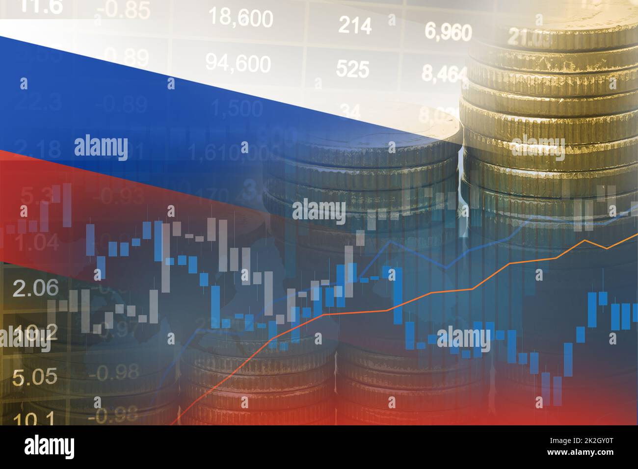 Aktienmarkt Investment Trading Finanz-, Münze und Russland Flagge oder Forex für die Analyse Gewinn Finanzierung Geschäft Trend Daten Hintergrund. Stockfoto