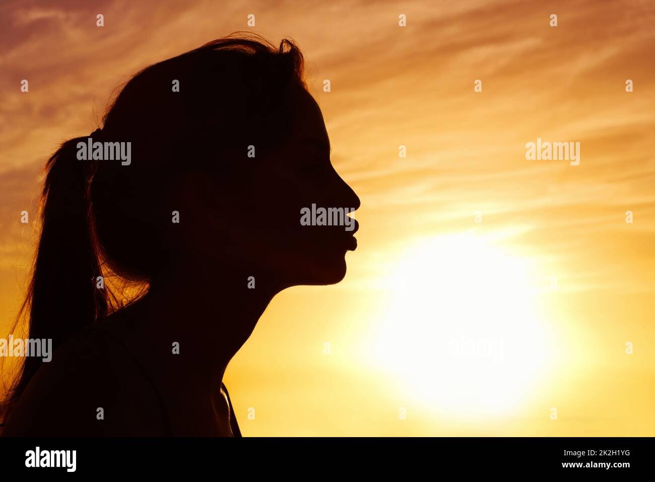 Nahaufnahme einer Frau, die die Sonne gegen den schönen Himmel küsst. Profilansicht einer Frau, die die Sonne gegen den schönen Himmel küsst. Stockfoto