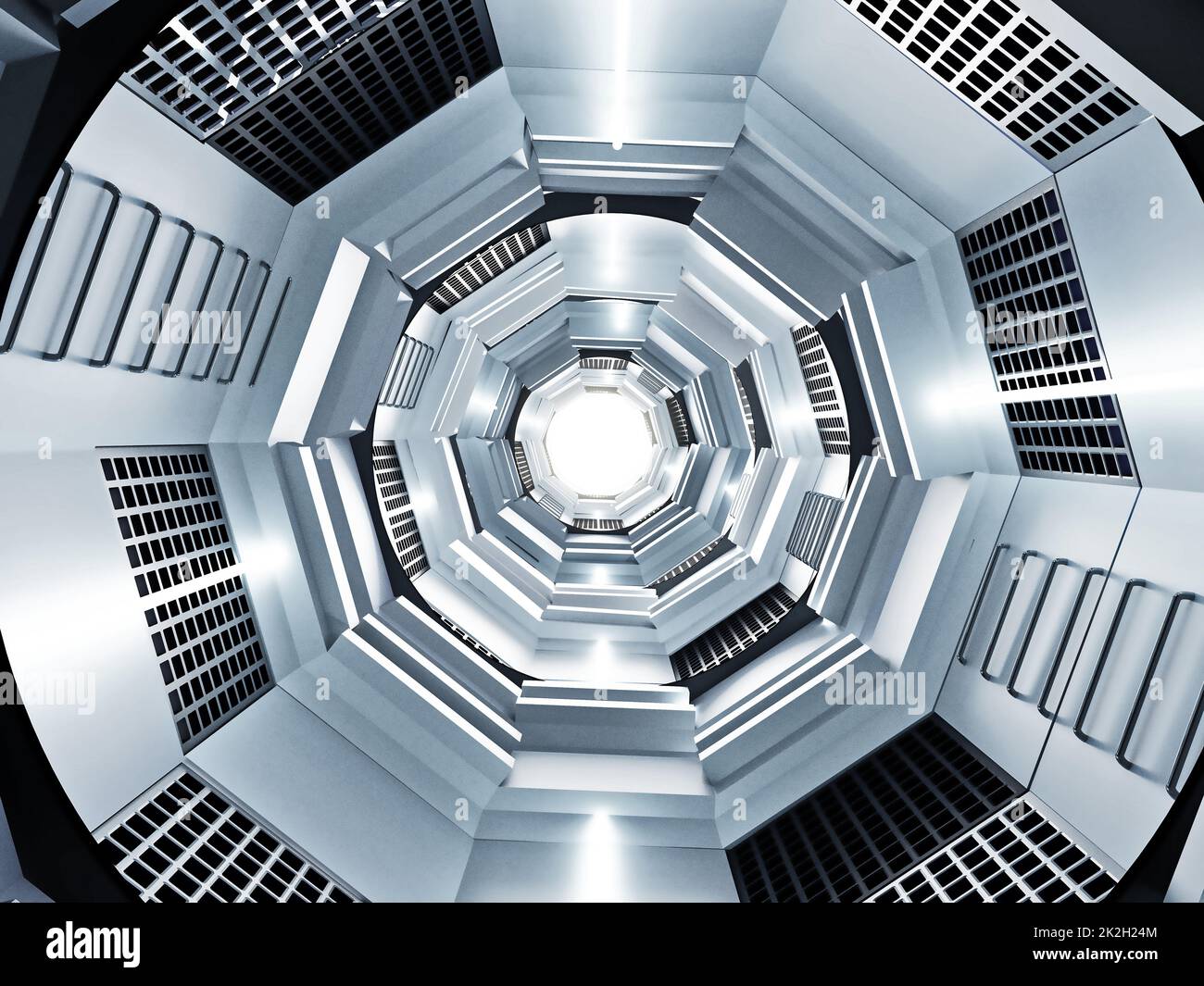 Futuristischer Tunnel- oder Raumschiffinnenraum. 3D Abbildung Stockfoto