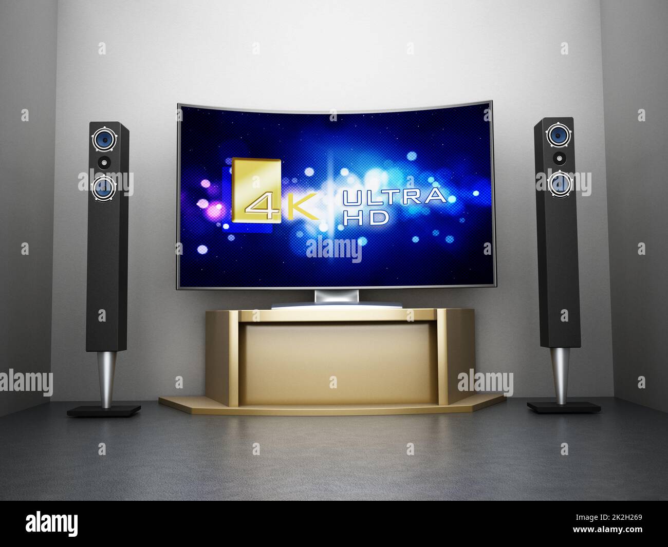 Geschwungener Ultra HD-Fernseher mit Home Entertainment-System Stockfoto