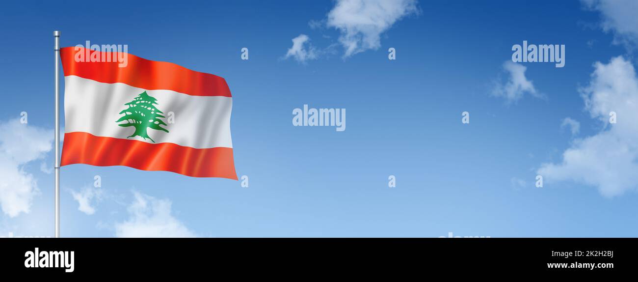 Libanesische Flagge isoliert auf einem blauen Himmel. Horizontales Banner Stockfoto