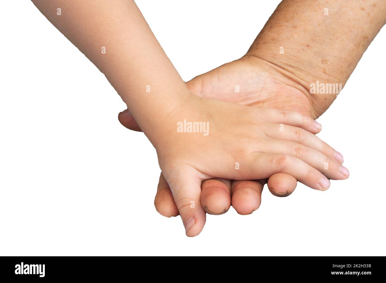 Nahaufnahme der Hände einer älteren Frau und eines kleinen Kindes, isoliert auf weißem Hintergrund, durch Schneiden. Weiches Fokusbild Stockfoto
