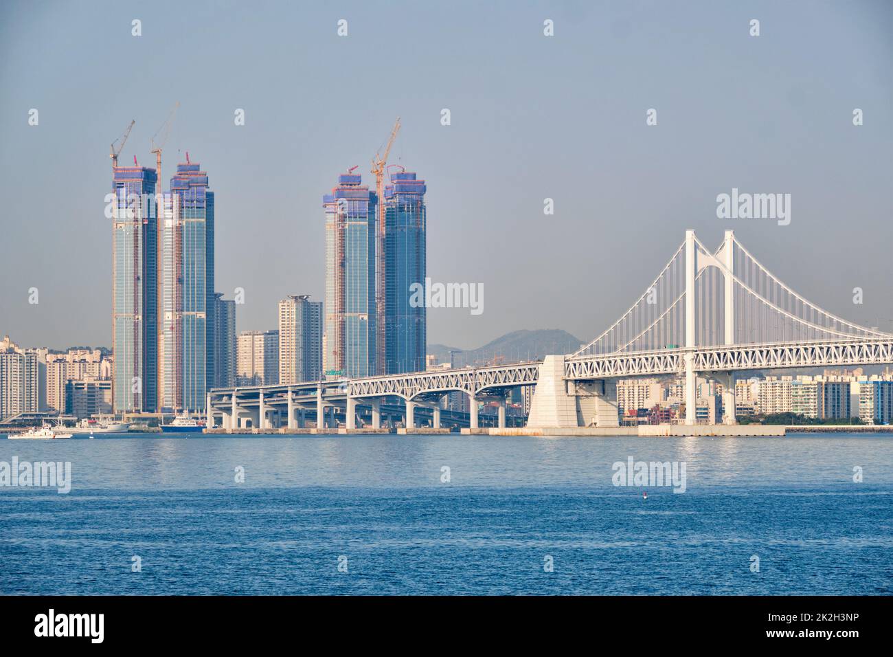Gwangan Brücke und Wolkenkratzer in Busan, Südkorea Stockfoto