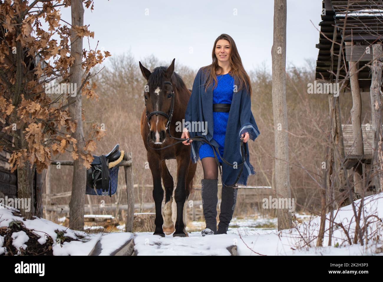 Ein Mädchen in blauem Kleid geht mit einem Pferd durch den Winterwald und alte Holzruinen Stockfoto