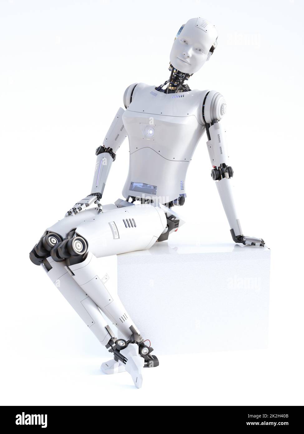 3D-Darstellung eines weiblichen android-Roboters, der auf einem weißen Würfel sitzt. Stockfoto