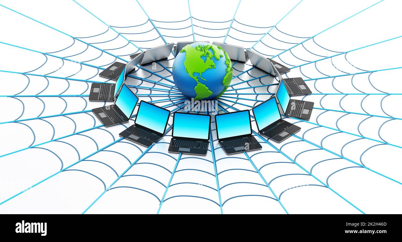 Globales Computernetzwerk mit einem Spinnennetz Stockfoto