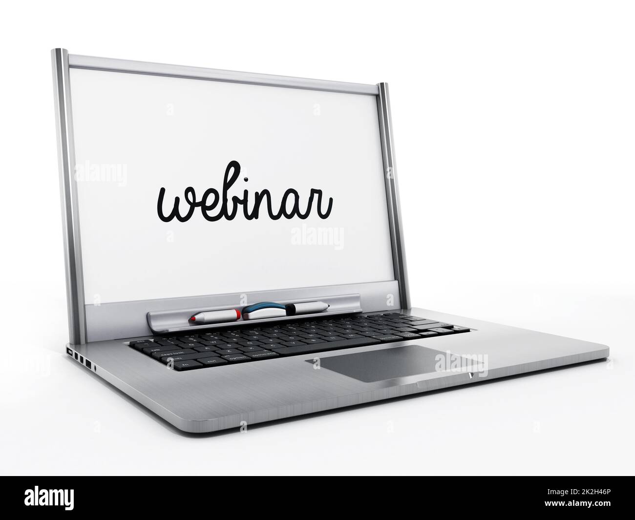 Laptop-Computer mit Whiteboard und dem Wort Webinar Stockfoto