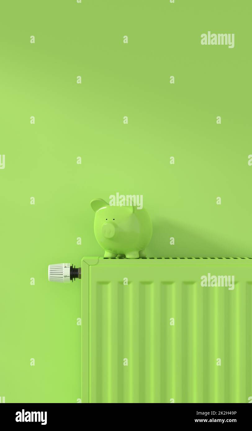 Grüner Heizkörper in einem grünen Raum mit grünem Sparschwein, Energiesparkonzept Stockfoto