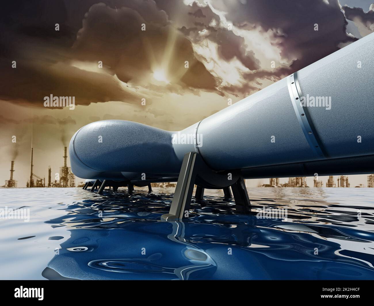 Öl-Pipeline durch das Meer zur Großstadt Stockfoto