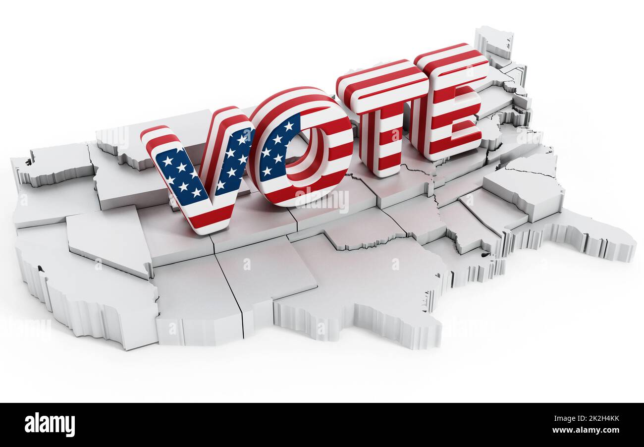 Texturierter Abstimmungstext mit amerikanischer Flagge steht auf der Karte der USA Stockfoto