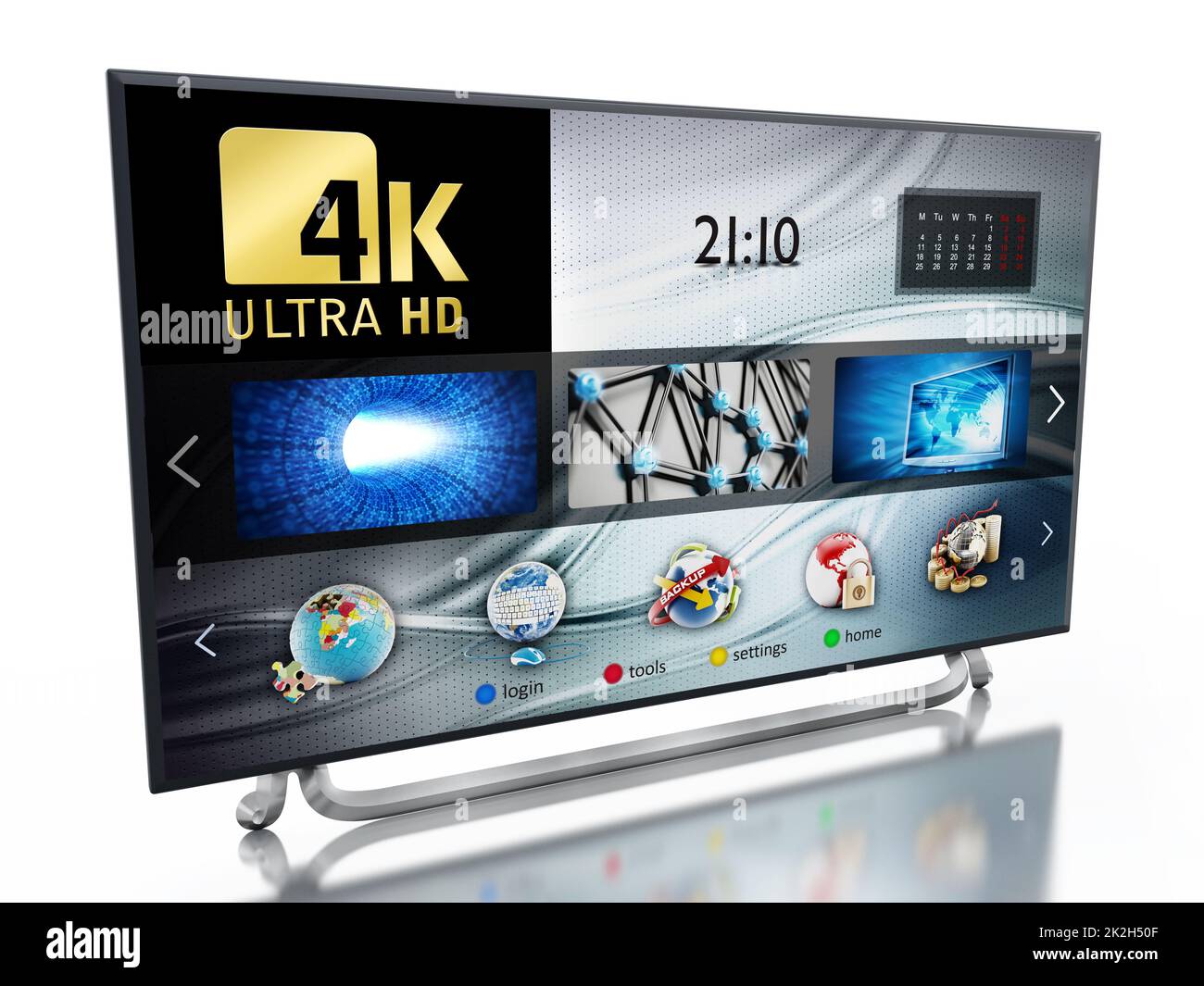 4K ULTRA HD Fernseher isoliert auf weißem Hintergrund. 3D illustration Stockfoto