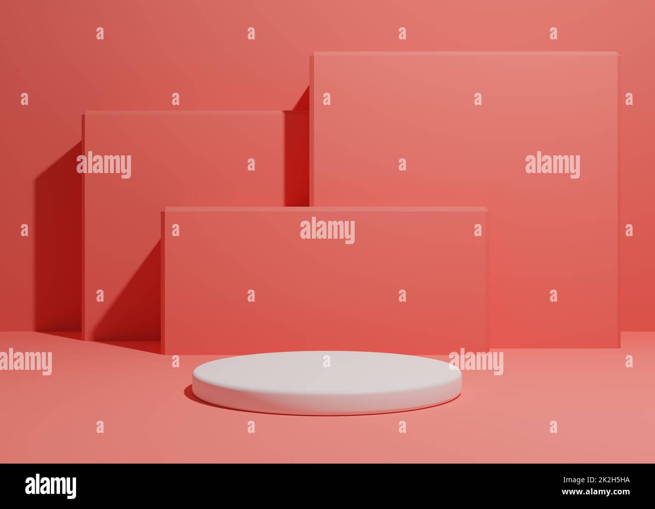 Leuchtendes Neon, lachsfarbenes Rosa, 3D-Darstellung eines einfachen, minimalistischen Hintergrunds mit einem Podium oder Ständer und geometrischen quadratischen Formen im Hintergrund. Stockfoto