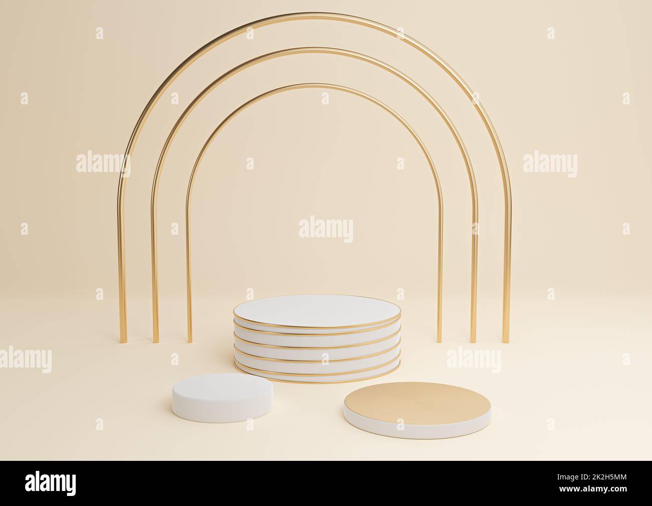 Hellbeige, Pastellorange 3D-Darstellung einfache Produktdarstellung Zylinderpodien mit luxuriösem Goldbogen und Linien drei stehen Minimale abstrakte Hintergrundzusammensetzung Stockfoto