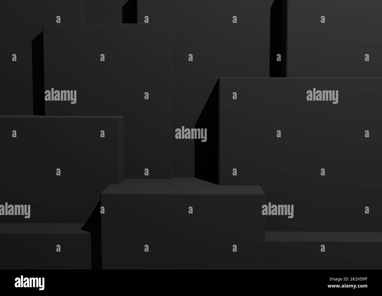 3D Studio Mockup-Szene mit minimalem schwarzem oder dunkelgrauem Hintergrund mit Podiums und Ebenen für Produktanzeige und Präsentation. Geometrisches Horizontales Architektonisches Hintergrundbild. Stockfoto