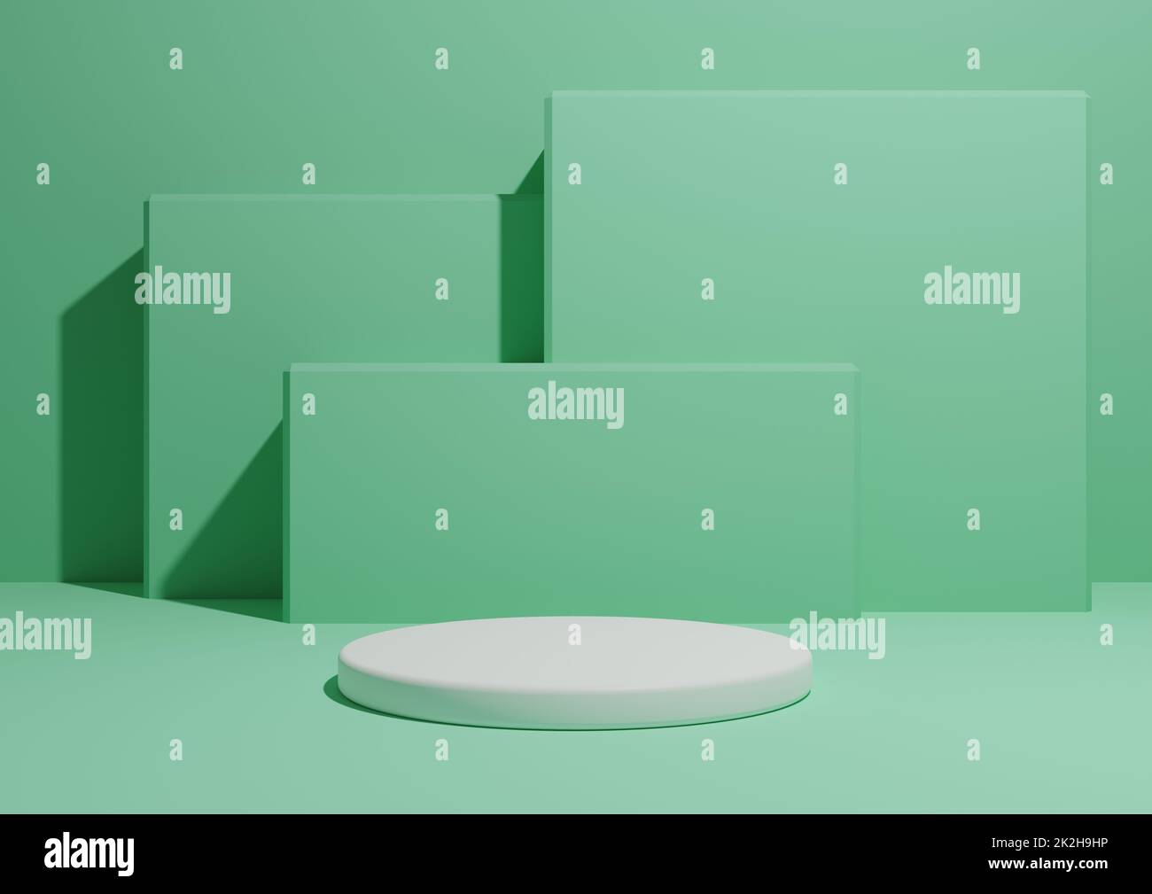 Leuchtendes türkisfarbenes Grün, 3D-Darstellung eines einfachen, minimalen Produktanzeigehintergrunds mit einem Podium oder Ständer und geometrischen quadratischen Formen im Hintergrund. Stockfoto