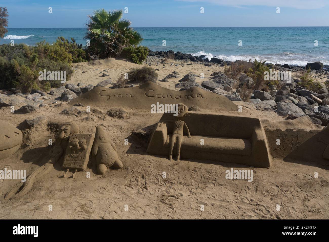 Gran Canaria, Sandskulpturen am Strand Stockfoto