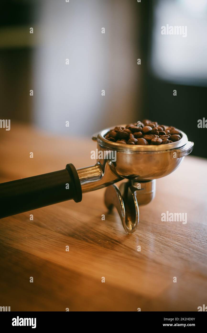 Frisch geröstete Kaffeebohnen in einem Espressofilter Stockfoto