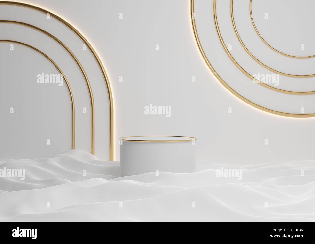 Weiß, Hellgrau, Schwarz und Weiß 3D für luxuriöse Produktpräsentation, zylinderförmiges Podium oder Ständer mit goldenen Linien, minimale Zusammensetzung und geometrisches Licht im Bogendesign Stockfoto