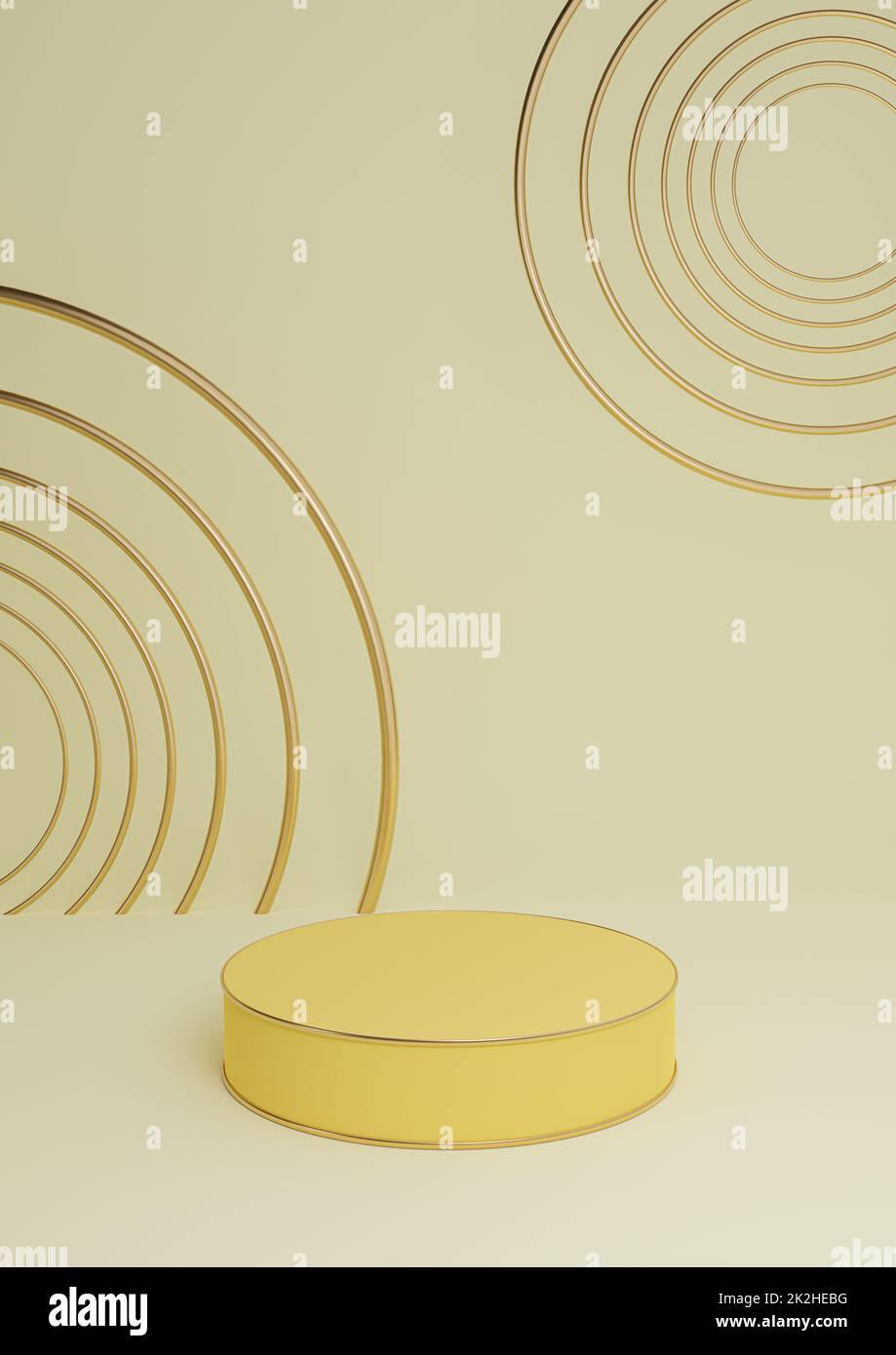 Pastellfarben, hell, zitrusgelb 3D-Darstellung minimaler Produktpräsentation luxuriöses Zylinderpodium oder Produkthintergrund abstrakte Komposition mit goldenen Linien und Kreisen Stockfoto