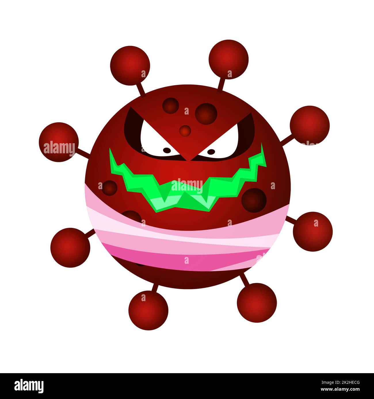 Lustige Covid-19 Zelle mit offenem Mund und einer Krone auf dem Kopf. 3D Abbildung Stockfoto