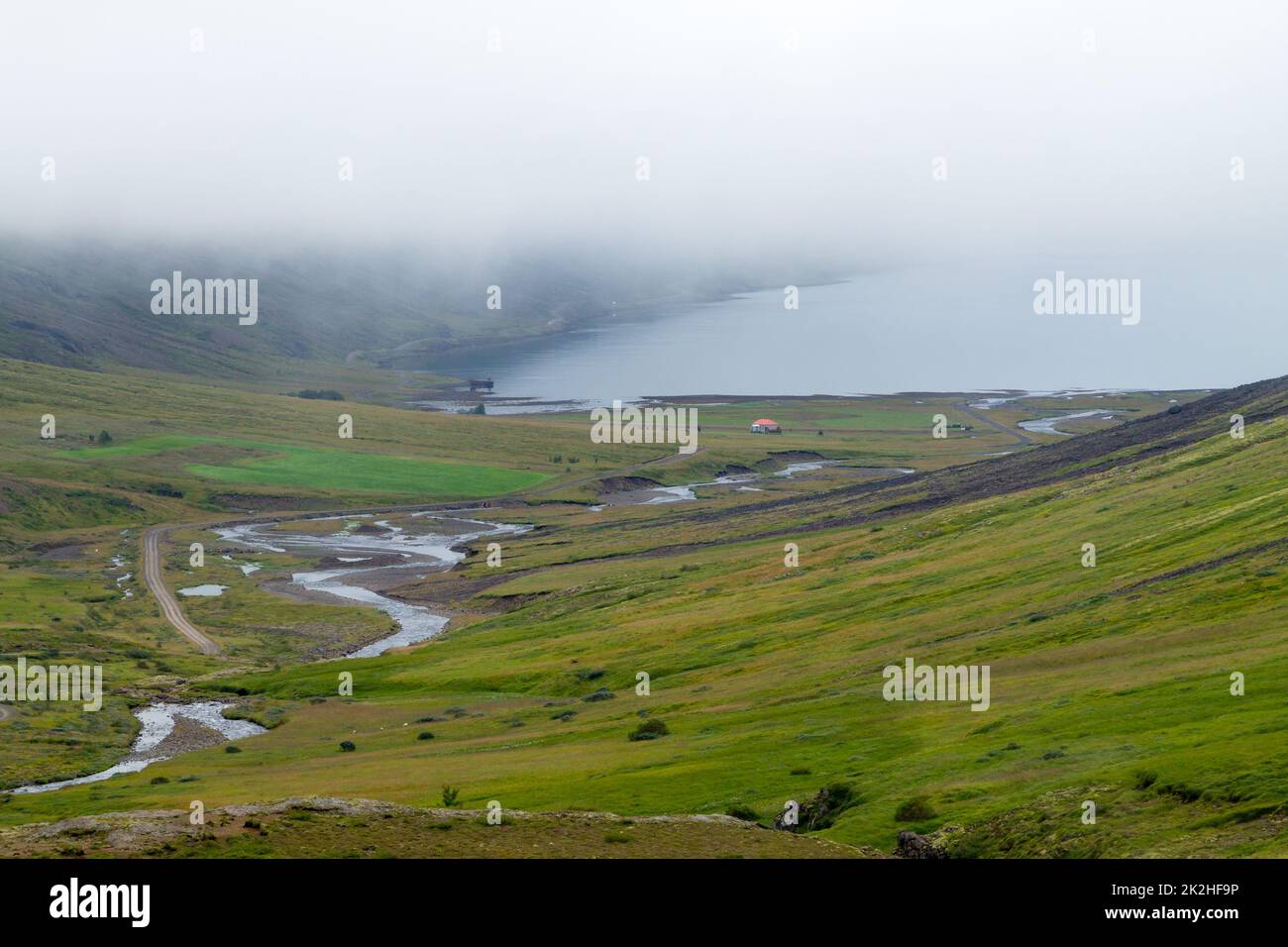 Ländliche Landschaft in Mjoifjordur, Ostisland. Isländisches Panorama Stockfoto