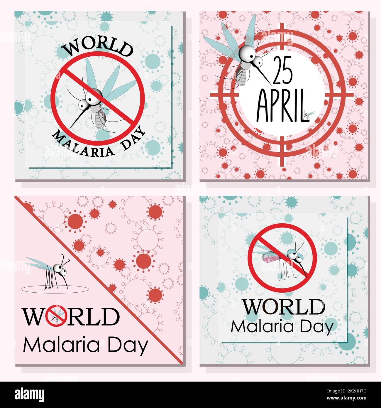 Vektordarstellung zum Weltmalariatag. Geeignet für Grußkarten, Poster und Banner. Sie wird jährlich am 25. April gefeiert und feiert die weltweiten Bemühungen zur Bekämpfung der Malaria. Vektordarstellung.Moskitos. Stockfoto