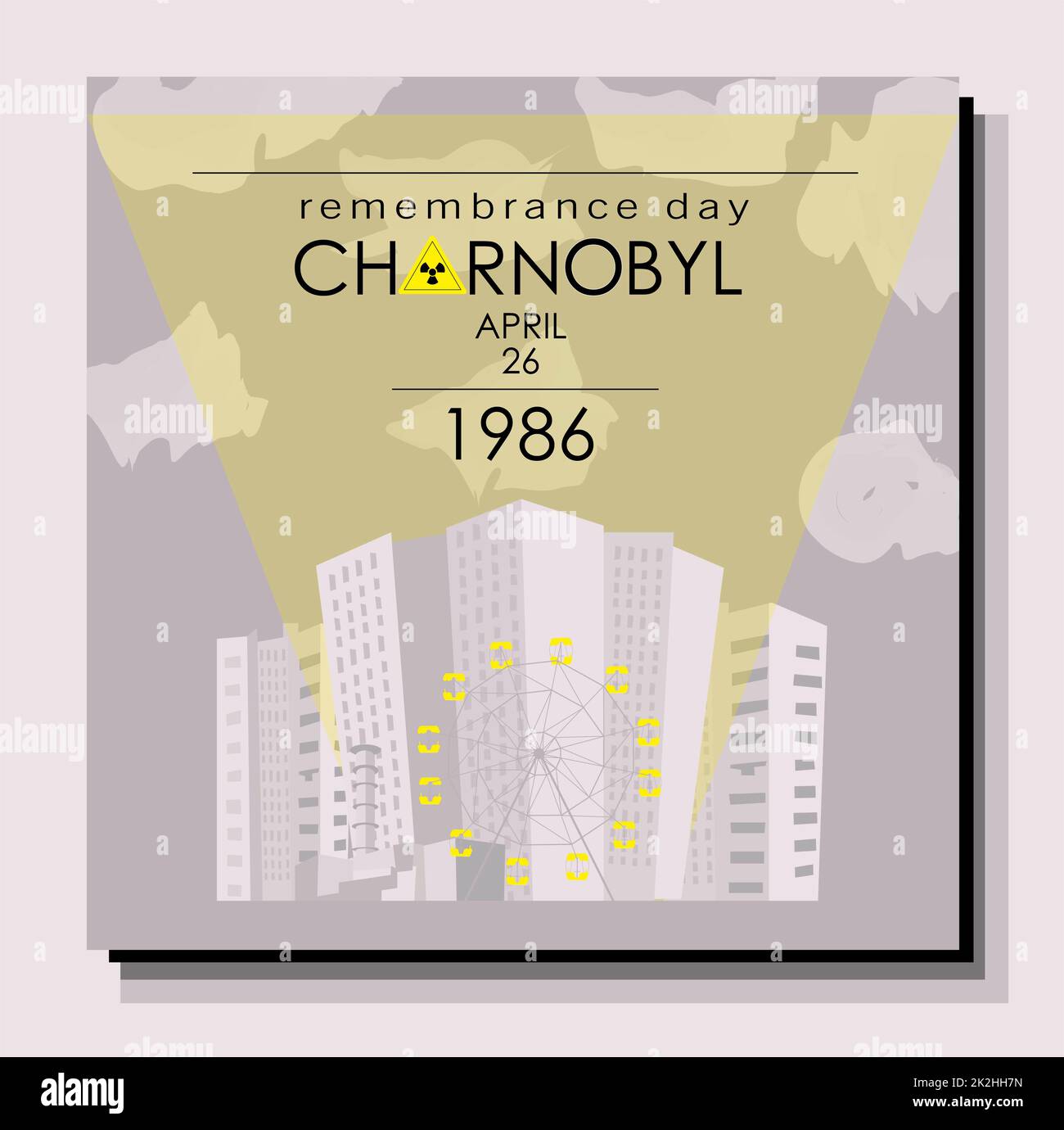 Poster Tschernobyl. Der 26. April ist der Gedenktag der Opfer von Tschernobyl. Die Explosion eines Kernreaktors in der Ukraine. Stadt Pripyat. Gelbes Zeichen der Strahlung Stockfoto