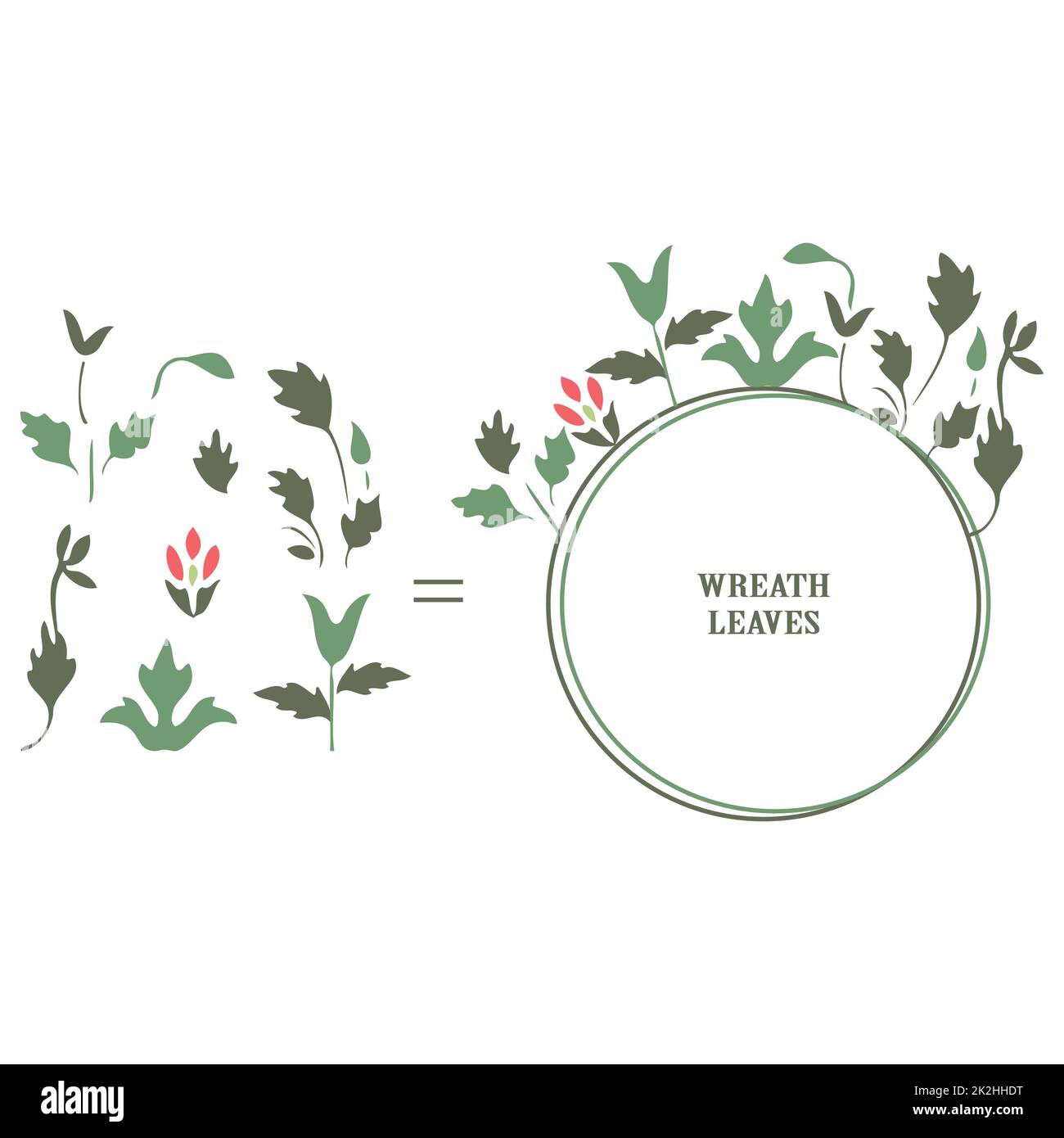 Minimalistische Hochzeitseinladungskarte mit Blumenmuster. Einfacher Kranz, Wildblumen, Stiele, Blätter auf weißem Hintergrund. Vektordarstellung, Grußkarte, Logo, Branding-Design, Poster, Druck, Hochzeitseinladung Stockfoto
