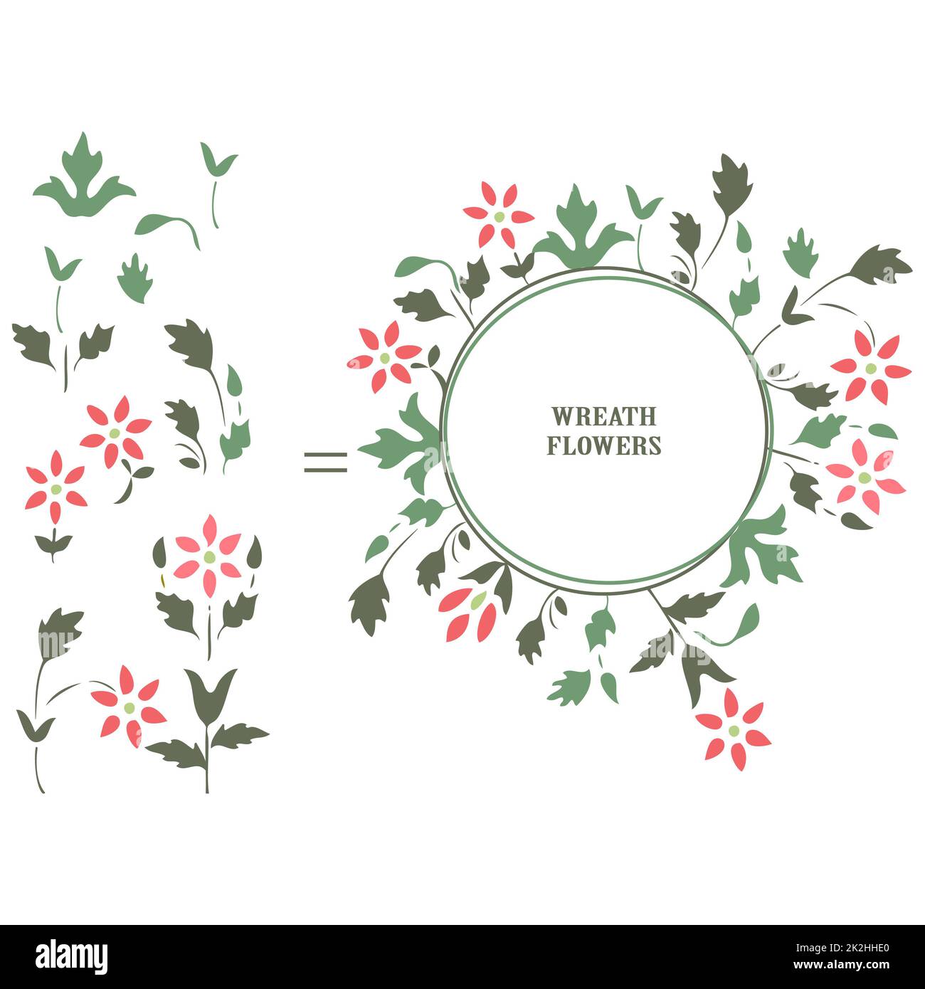 Minimalistische Hochzeitseinladungskarte mit Blumenmuster. Einfacher Kranz, Wildblumen, Stiele, Blätter auf weißem Hintergrund. Vektordarstellung, Grußkarte, Logo, Branding-Design, Poster, Druck, Hochzeitseinladung Stockfoto