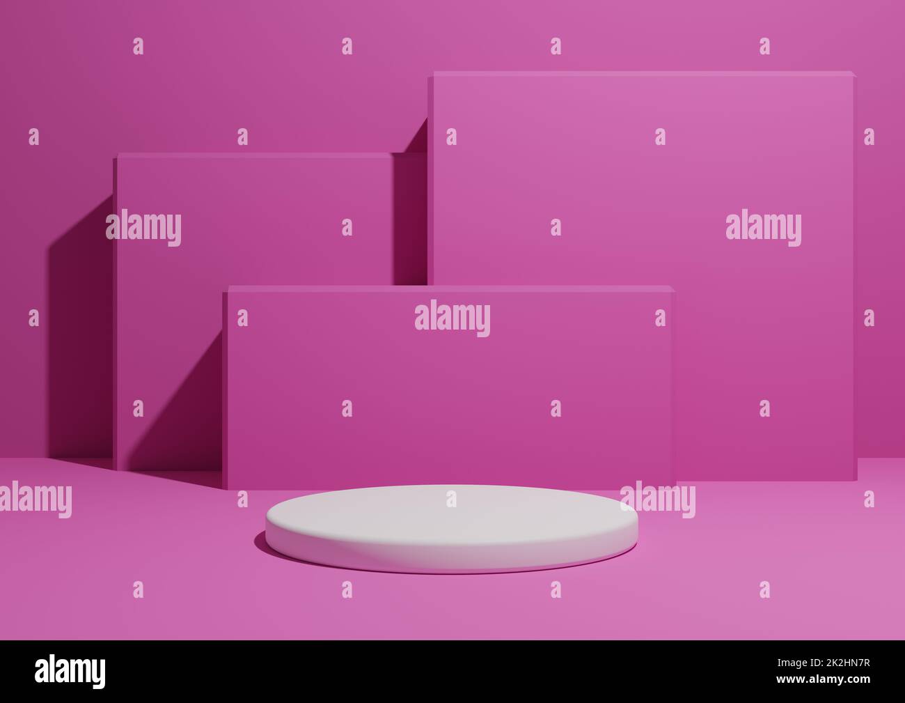 Leuchtendes Magenta, Neonpink, 3D-Darstellung eines einfachen, minimalistischen Hintergrunds mit einem Podium oder Standfuß und geometrischen quadratischen Formen im Hintergrund. Stockfoto