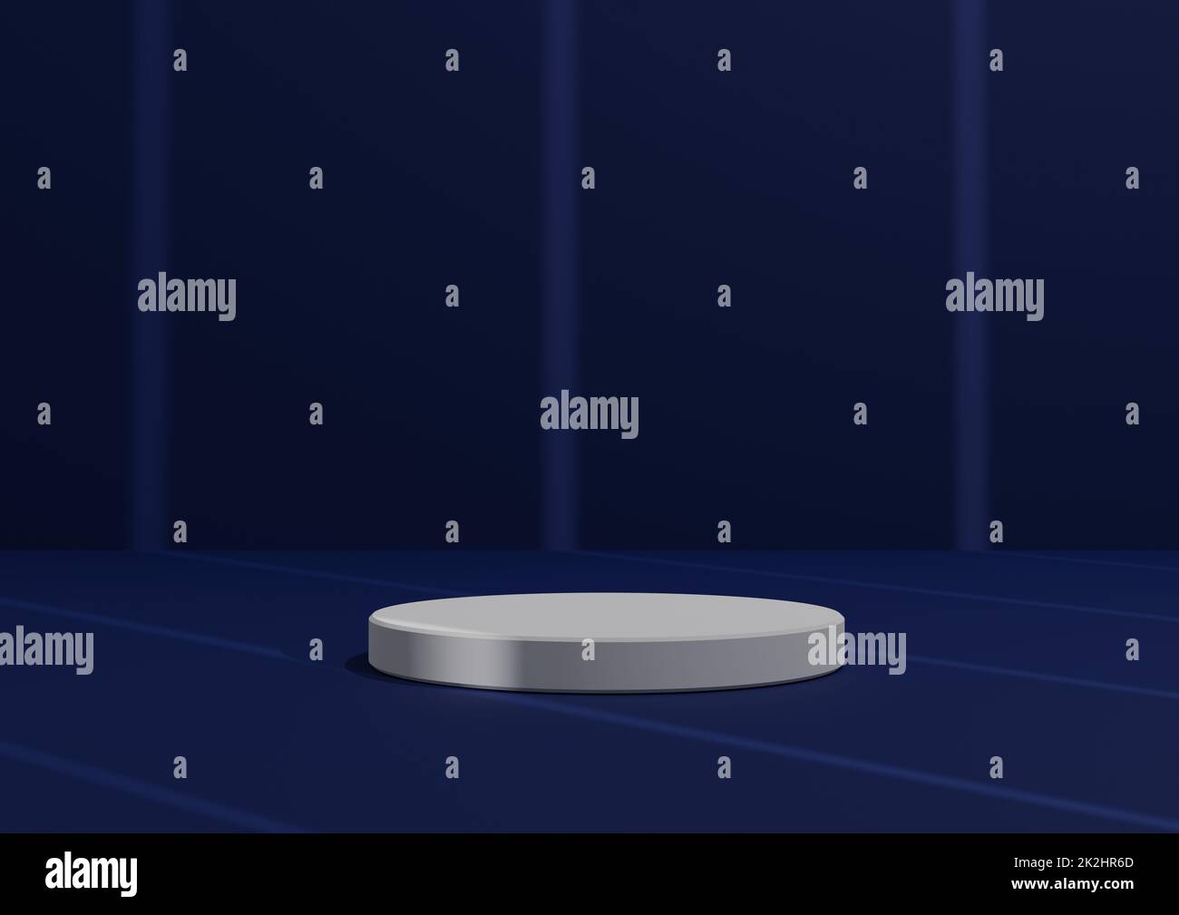 Einfache, minimale 3D-Renderzusammensetzung mit einem Podium eines weißen Zylinders oder Stativ auf abstrakt gestreiftem Schatten Dunkler, marineblauer Hintergrund für die Produktanzeige. Stockfoto
