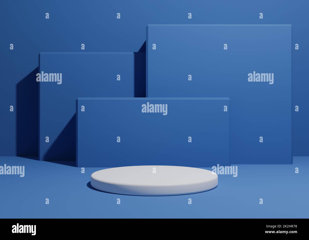 Helles, dunkles, pastellblaues 3D-Rendering eines einfachen, minimalistischen Hintergrunds mit einem Podium oder Standfuß und geometrischen quadratischen Formen im Hintergrund. Stockfoto