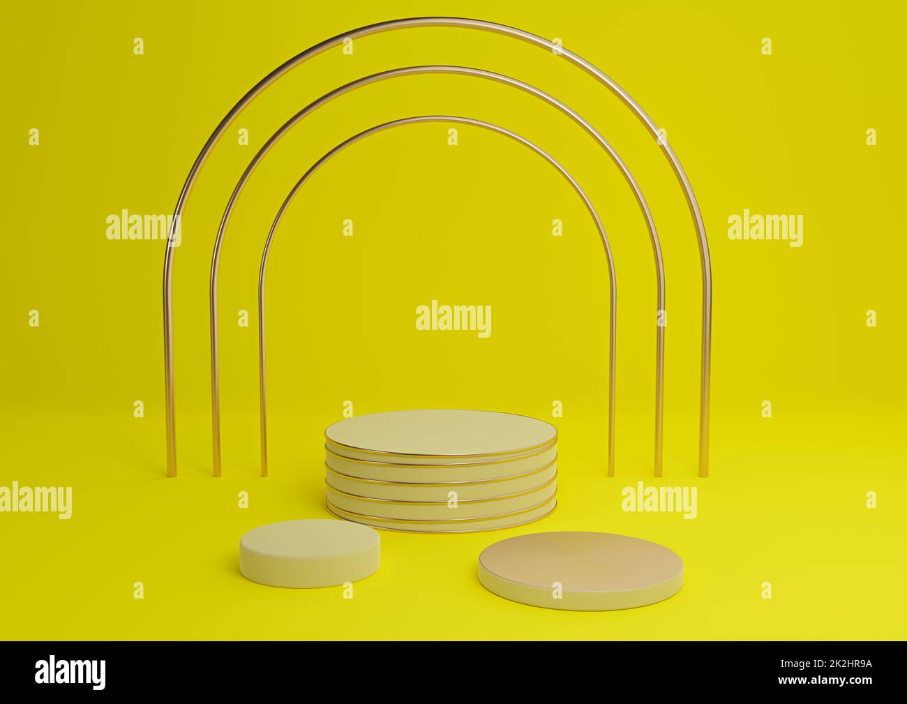 Leuchtendes Neongelb, 3D-Darstellung einfacher Produktdarstellungen mit luxuriösem goldenen Bogen und Linien drei stehen für minimalen Hintergrund abstrakte Komposition Stockfoto