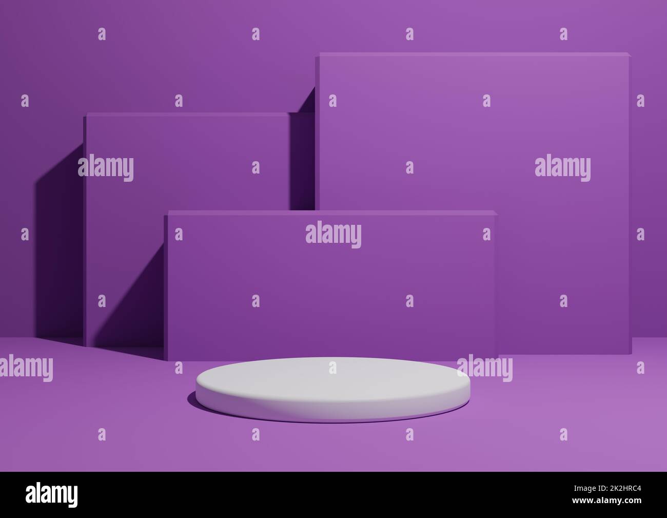 Leuchtendes Lila, Violett, 3D-Wiedergabe eines einfachen, minimalen Produktanzeigehintergrunds mit einem Podium oder Ständer und geometrischen quadratischen Formen im Hintergrund. Stockfoto