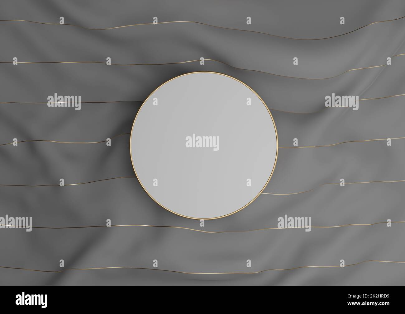 Dunkles Graphitgrau, schwarz und weiß 3D für luxuriöse Produktpräsentation Podium oder Ständer auf Textil mit goldenen Fäden Einfache Zusammensetzung Draufsicht flach von oben Stockfoto