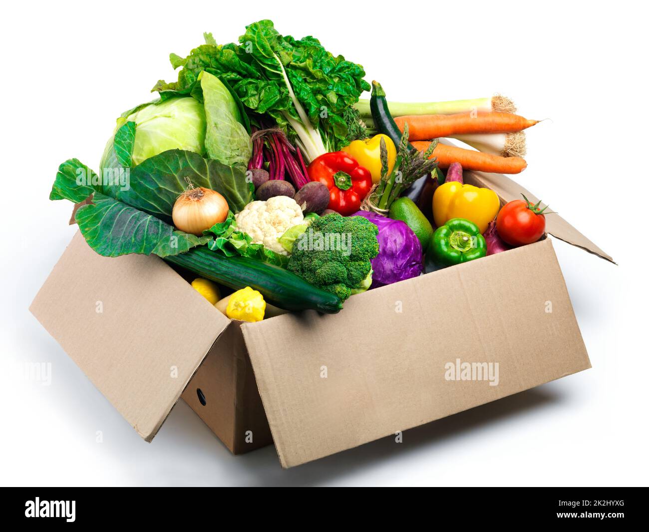 Alles, was man sich nur wünschen kann, in Zutaten. Studioaufnahme eines Pappkartons, gefüllt mit Obst und Gemüse. Stockfoto