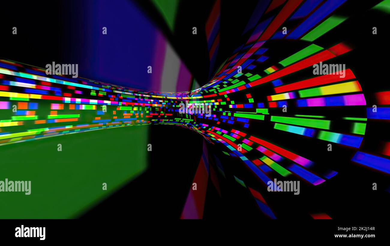Fahren durch den digitalen Bitstream-Pixeltunnel Stockfoto